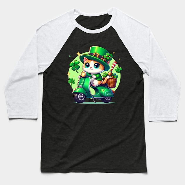 Celebrate St Patricks Day with a cute and colorful Cat on a Motorcycle design Baseball T-Shirt by click2print